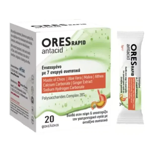 ORESrapid antacid συμβάλει στην ανακούφιση από καούρα,δυσπεψία,φούσκωμα και παλλινδρόμηση.