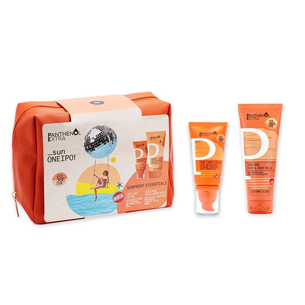 sunproof-essentials-color-spf30 Panthenol Extra Promo Sunproof Essentials με Sun Care Color SPF 30 Αντηλιακή Κρέμα-Gel Προσώπου με Χρώμα, 50ml, Sun Care Face & Body Milk SPF 30 Αντηλιακό Γαλάκτωμα για Πρόσωπο & Σώμα, 100ml & Δώρο Νεσεσέρ - Image 1