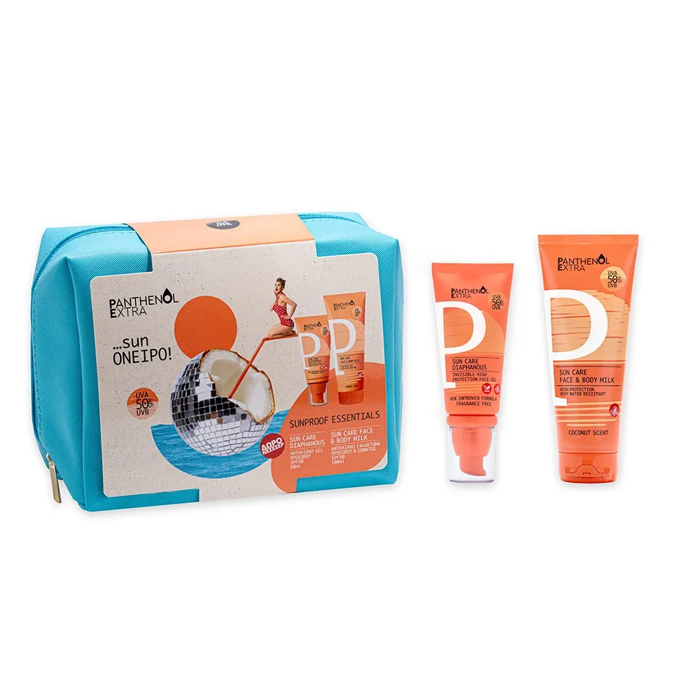 sunproof-essentials-spf50 Panthenol Extra Promo Sunproof Essentials με Sun Care Diaphanous SPF 50 Αντηλιακό Gel Προσώπου, 50ml, Sun Care Face & Body Milk SPF 50 Αντηλιακό Γαλάκτωμα για Πρόσωπο & Σώμα, 100ml & Δώρο Νεσεσέρ - Image 1